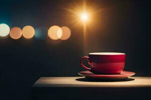 un rojo taza se sienta en un mesa en frente de un borroso antecedentes. generado por ai foto