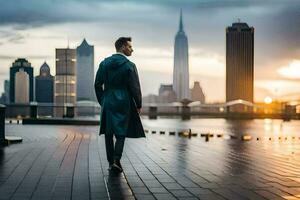 hombre en un zanja Saco caminando en frente de el ciudad. generado por ai foto