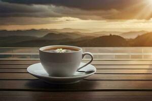 a cup of coffee on a wooden table with a view of the mountains. AI-Generated photo