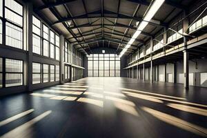 an empty warehouse with large windows and a floor. AI-Generated photo