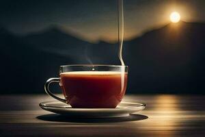 a cup of tea on a table in the dark. AI-Generated photo