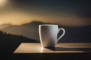 coffee cup on a table in front of mountains. AI-Generated photo