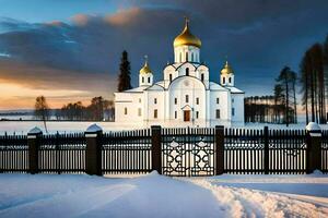 a church in the snow with a gate. AI-Generated photo