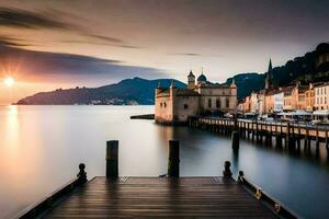 a pier with a building in the background at sunset. AI-Generated photo