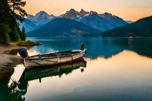 un barco se sienta en el apuntalar de un lago con montañas en el antecedentes. generado por ai foto