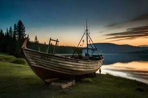 a boat sits on the shore of a lake at sunset. AI-Generated photo