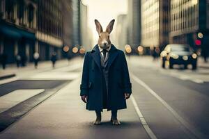 un Conejo vistiendo un traje y Corbata en pie en un ciudad calle. generado por ai foto