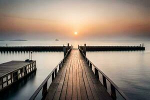 a long pier with a boat in the water at sunset. AI-Generated photo