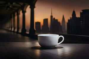 a coffee cup sits on a table in front of a city skyline. AI-Generated photo