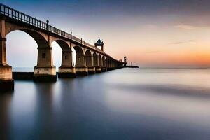 a long exposure photograph of a bridge at sunset. AI-Generated photo