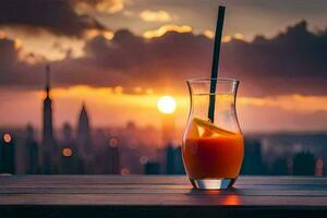 a glass of orange juice with a sunset in the background. AI-Generated photo