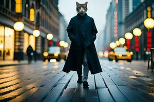 un gato vistiendo un Saco y caminando abajo un calle. generado por ai foto