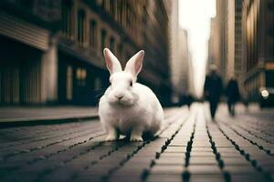 a white rabbit is standing on a brick road. AI-Generated photo