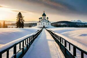 a bridge leads to a church in the snow. AI-Generated photo