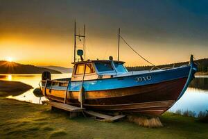 a boat sits on the shore at sunset. AI-Generated photo