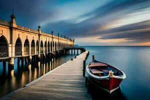 a boat sits on the dock at sunset. AI-Generated photo