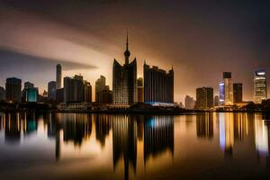 the city skyline at night with a reflection in the water. AI-Generated photo