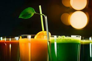 a group of different colored juices in glasses. AI-Generated photo