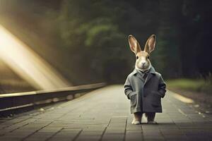 un Conejo vistiendo un traje y Corbata en pie en un tren pista. generado por ai foto