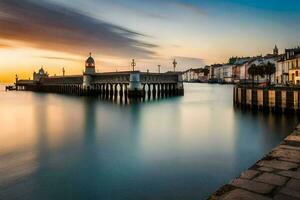 a long exposure photograph of a pier at sunset. AI-Generated photo