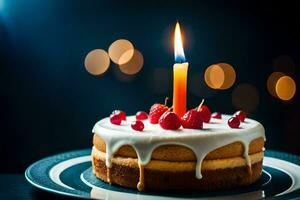 a cake with a candle on top and berries. AI-Generated photo