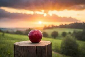 a red apple on a stump in the sunset. AI-Generated photo