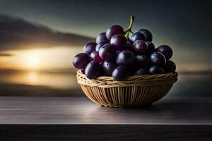 grapes in a basket on a table with sunset in the background. AI-Generated photo