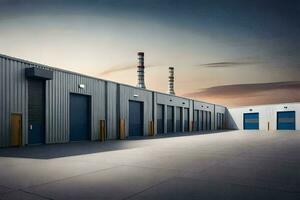 a large warehouse with two doors and a large building. AI-Generated photo