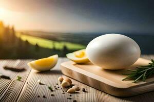 a ball of egg on a cutting board with herbs and spices. AI-Generated photo