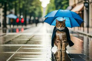 un gato en un azul paraguas en pie en un mojado calle. generado por ai foto
