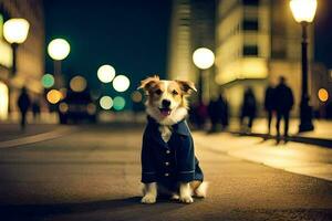 a dog wearing a jacket on the street at night. AI-Generated photo