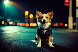 a dog wearing a suit and tie sitting on the street at night. AI-Generated photo