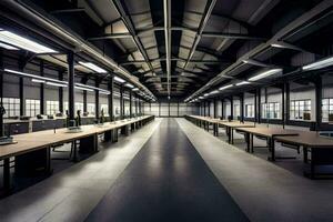 the interior of a large factory with tables and desks. AI-Generated photo