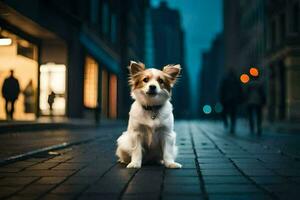 a dog sitting on the street at night. AI-Generated photo