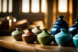 a row of colorful vases sit on a wooden table. AI-Generated photo