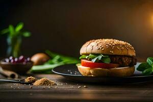 a hamburger with tomatoes and spices on a black plate. AI-Generated photo