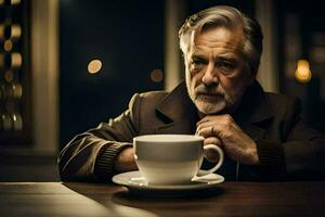 un más viejo hombre sentado a un mesa con un taza de café. generado por ai foto