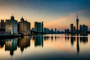 el ciudad horizonte es reflejado en el agua a puesta de sol. generado por ai foto