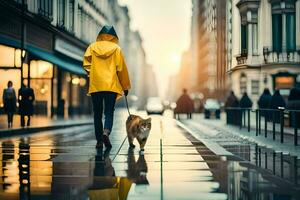 a woman walking her dog in the rain. AI-Generated photo