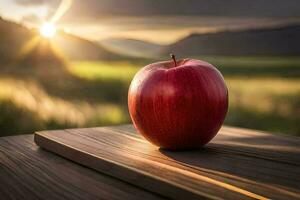 an apple sits on a wooden table in front of a sunset. AI-Generated photo