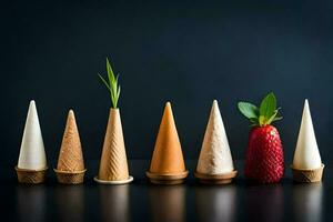 a row of cones with strawberries and plants. AI-Generated photo