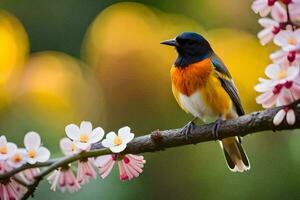 un vistoso pájaro se sienta en un rama con flores generado por ai foto