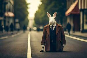 a rabbit wearing a suit and tie standing on the street. AI-Generated photo