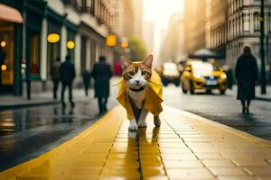 a cat in a yellow raincoat walking down a street. AI-Generated photo