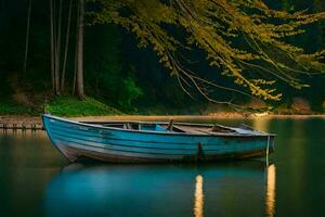 a boat sits on the water at night. AI-Generated photo