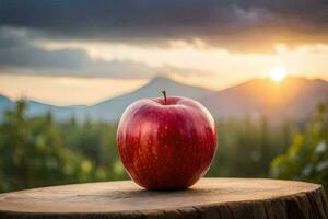 a red apple sits on top of a stump in front of a sunset. AI-Generated photo