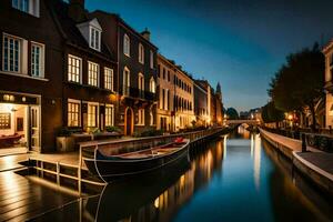 a boat is docked on a canal at night. AI-Generated photo