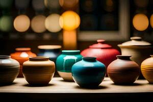 a row of colorful vases on a table. AI-Generated photo