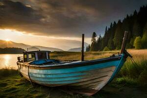 a boat sits on the shore of a lake at sunset. AI-Generated photo