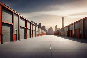 a long row of storage units with a city skyline in the background. AI-Generated photo